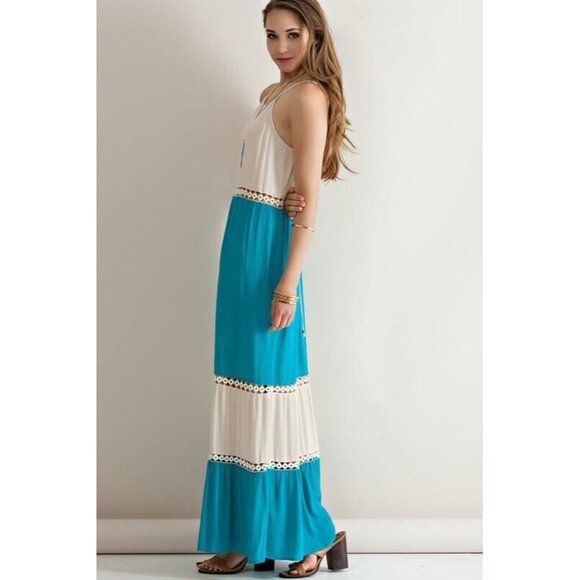 Turquoise Jade Cream ENTRO Color Block BOHO Tie Back Cruise Festival Maxi Dress - Picture 2 of 5